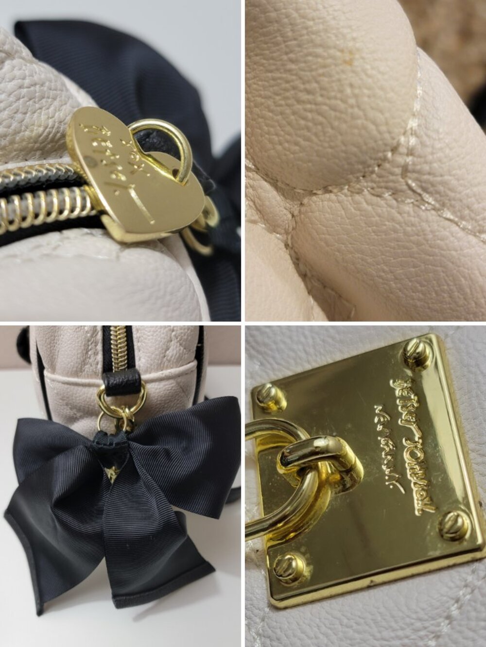 Betsey Johnson White Heart Quilted Crossbody Bag Gold Chain Black Bow Camera Bag - Picture 7 of 8